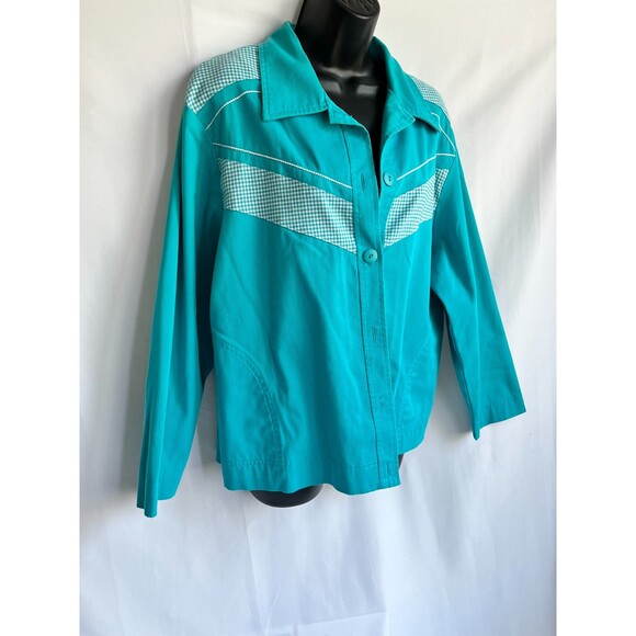 Vintage G.W. Gingham Turquoise Blue Shacket Button Down Quirky 80s Petite L - Picture 2 of 9